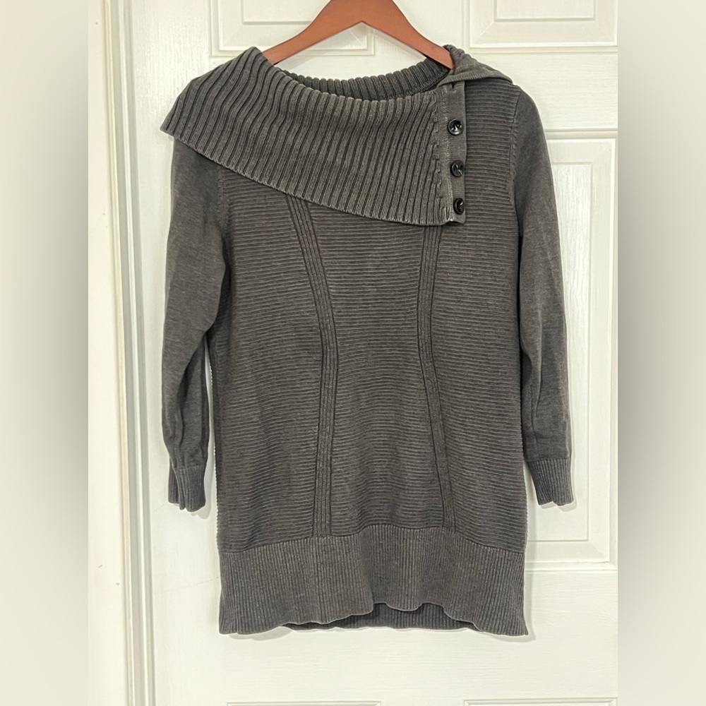 Gray Women's Sweater with Asymmetrical Cowl Collar